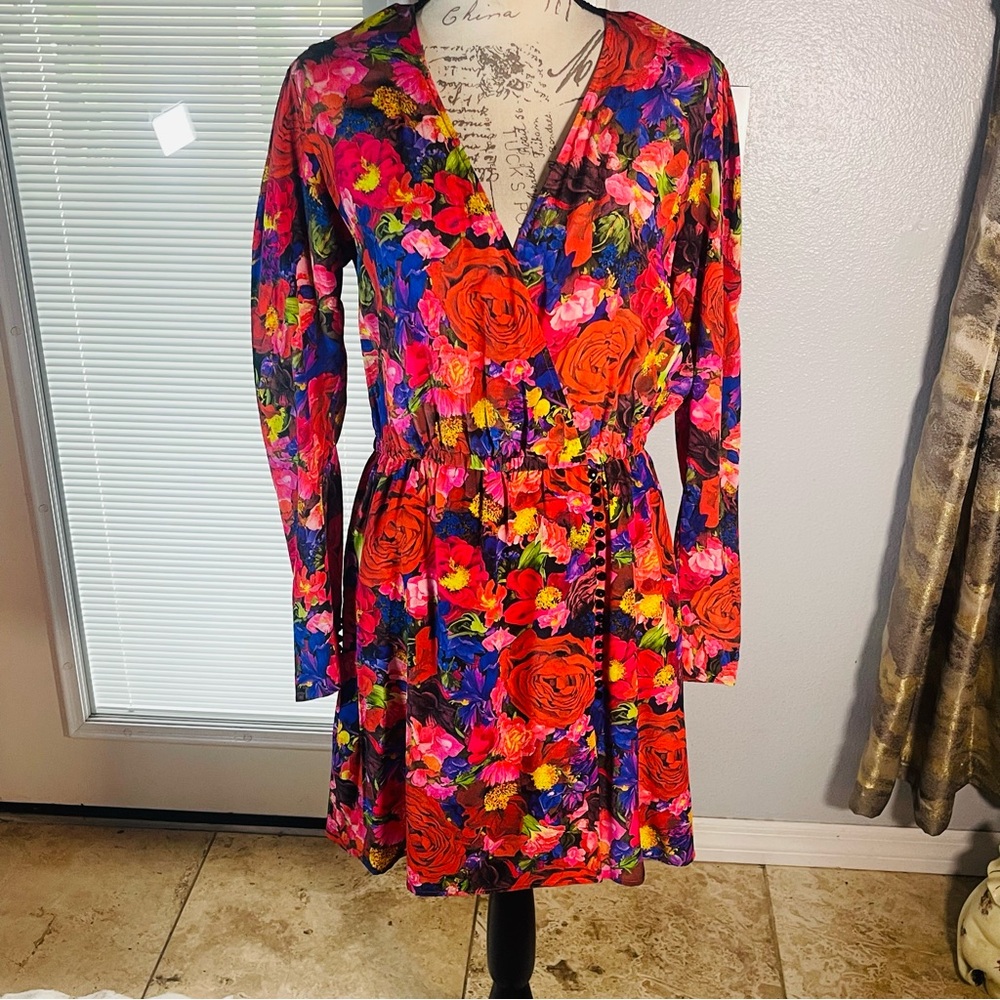 The Kooples Summer Night Silk Floral Beaded Button Front Colorful Mini Dress XL